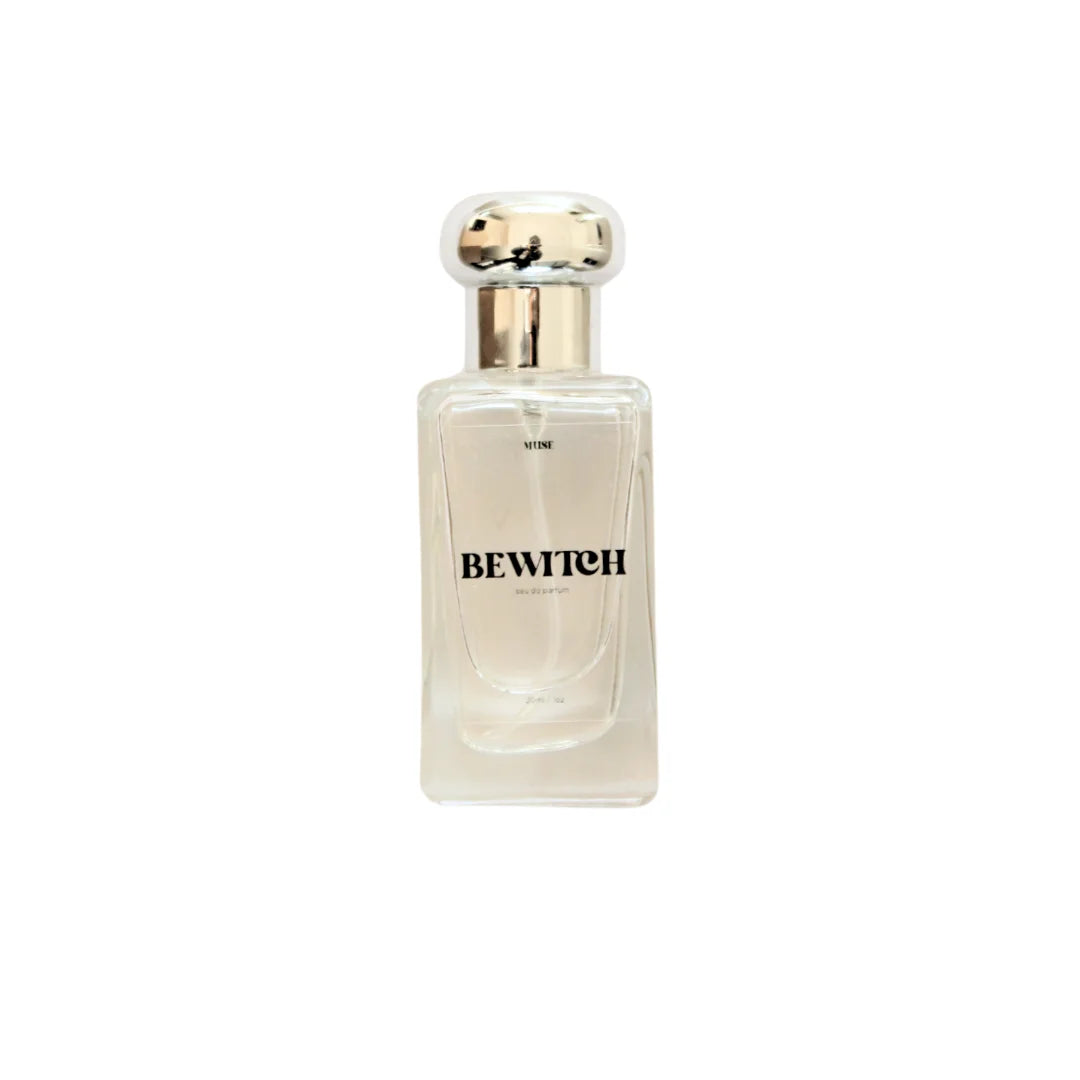 Perfume bottle labeled 'BEWITCH' on a white background