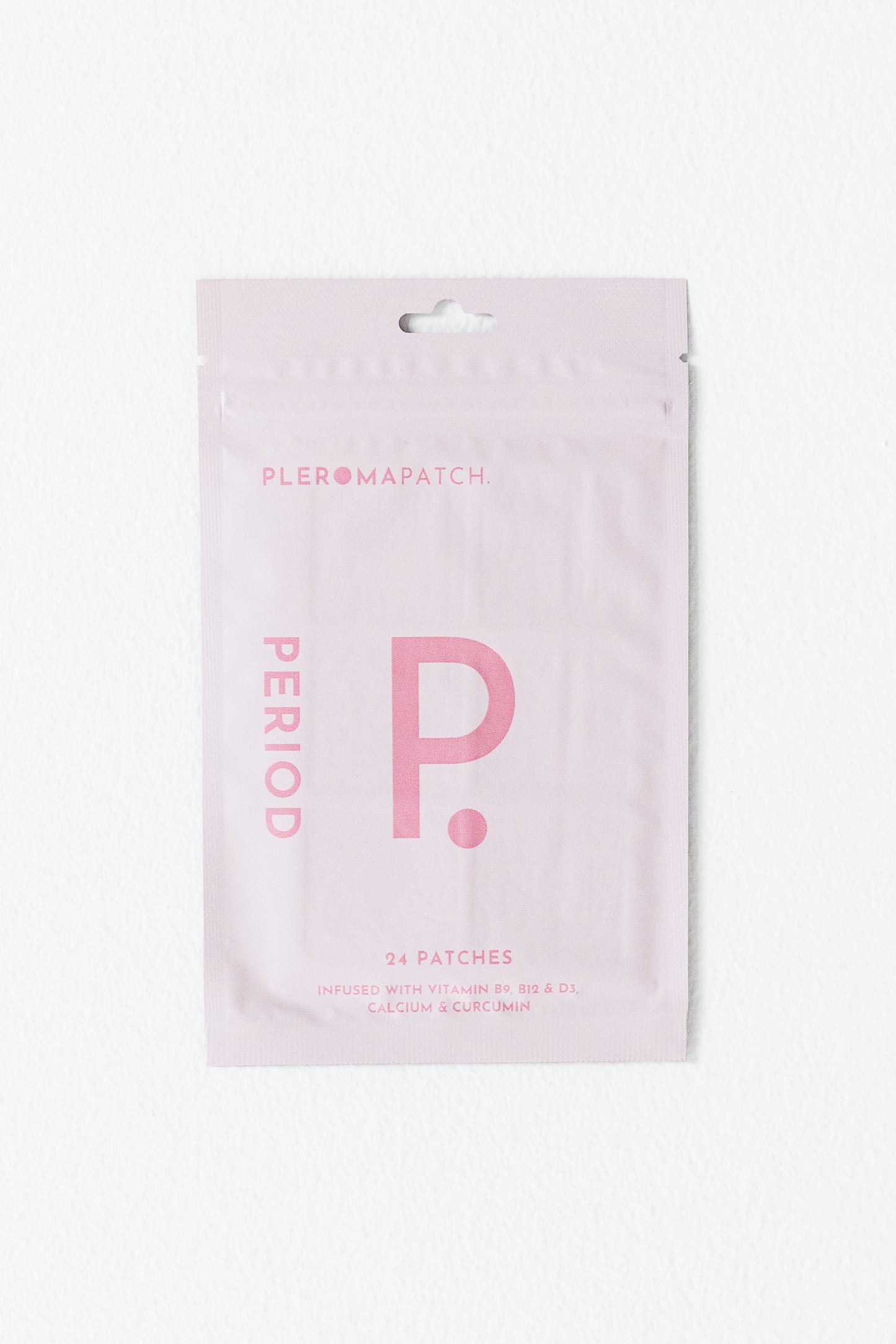 A packaging of Pleroma Period Patches with the letter 'P' on it, indicating the product is related to menstrual comfort.