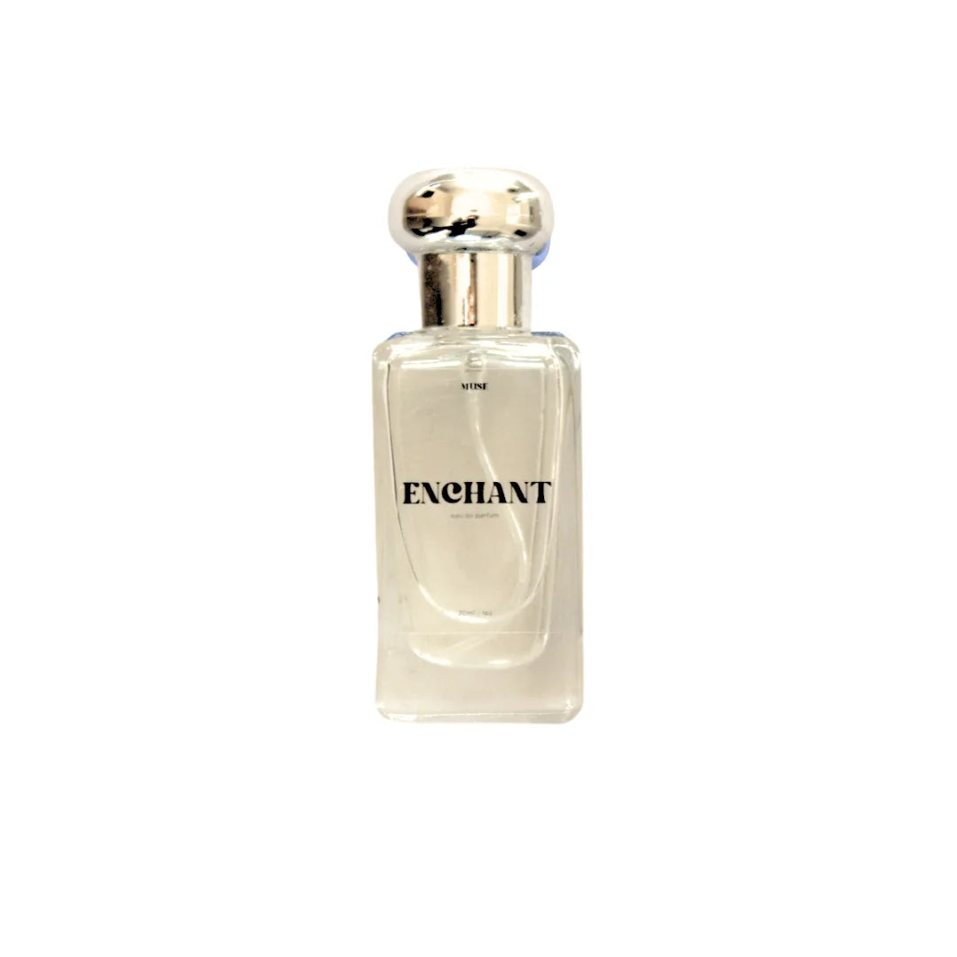 Perfume bottle labeled 'Enchant' on a white background