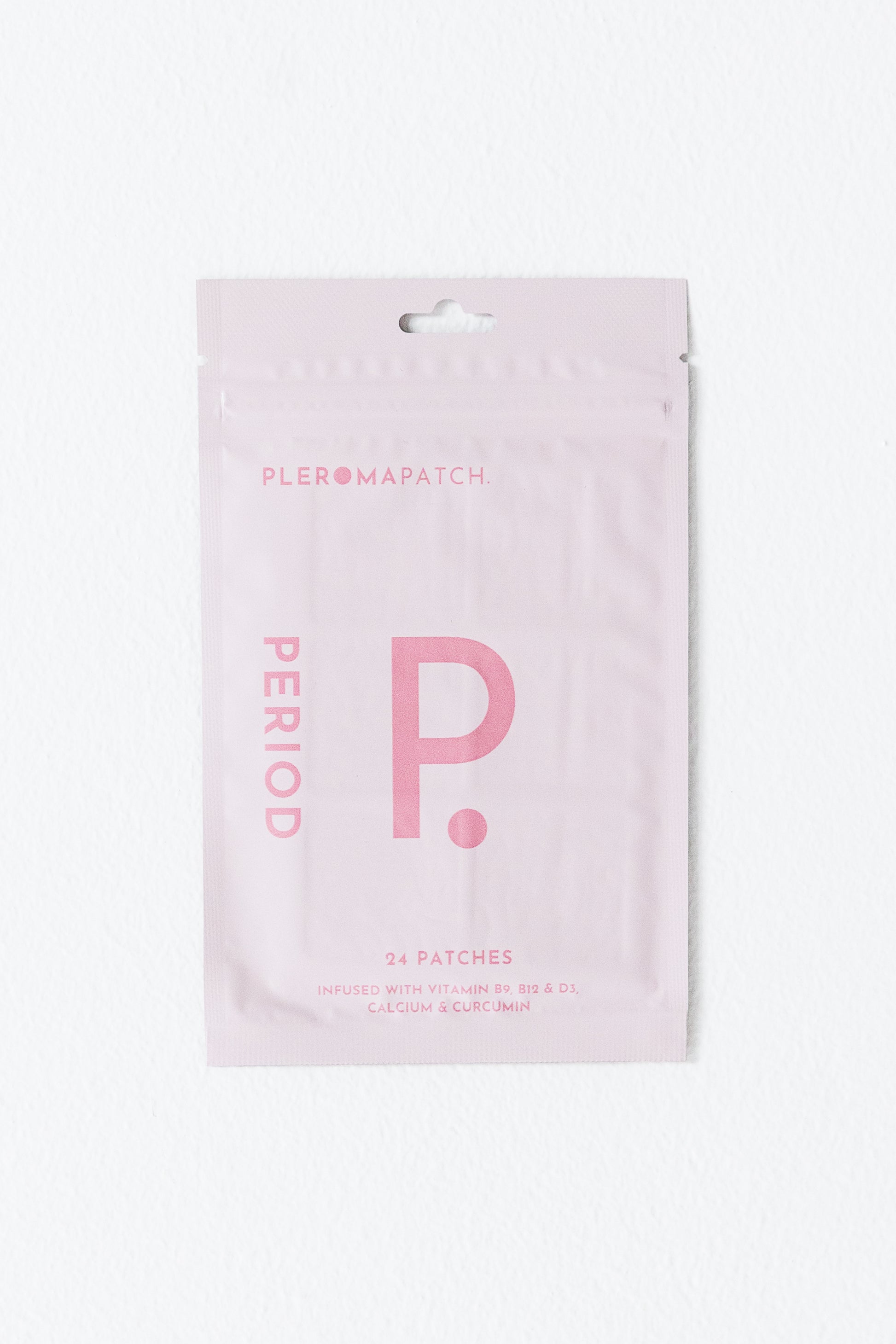 A packaging of Pleroma Period Patches with the letter 'P' on it, indicating the product is related to menstrual comfort.