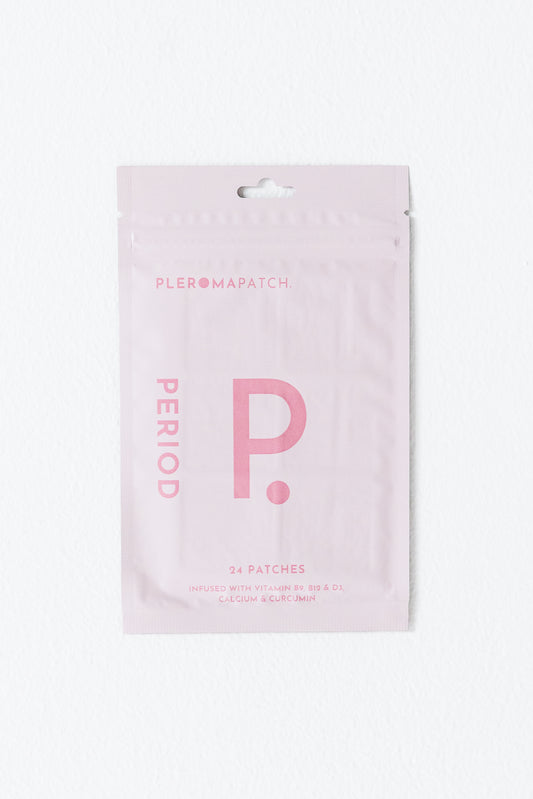 A packaging of Pleroma Period Patches with the letter 'P' on it, indicating the product is related to menstrual comfort.